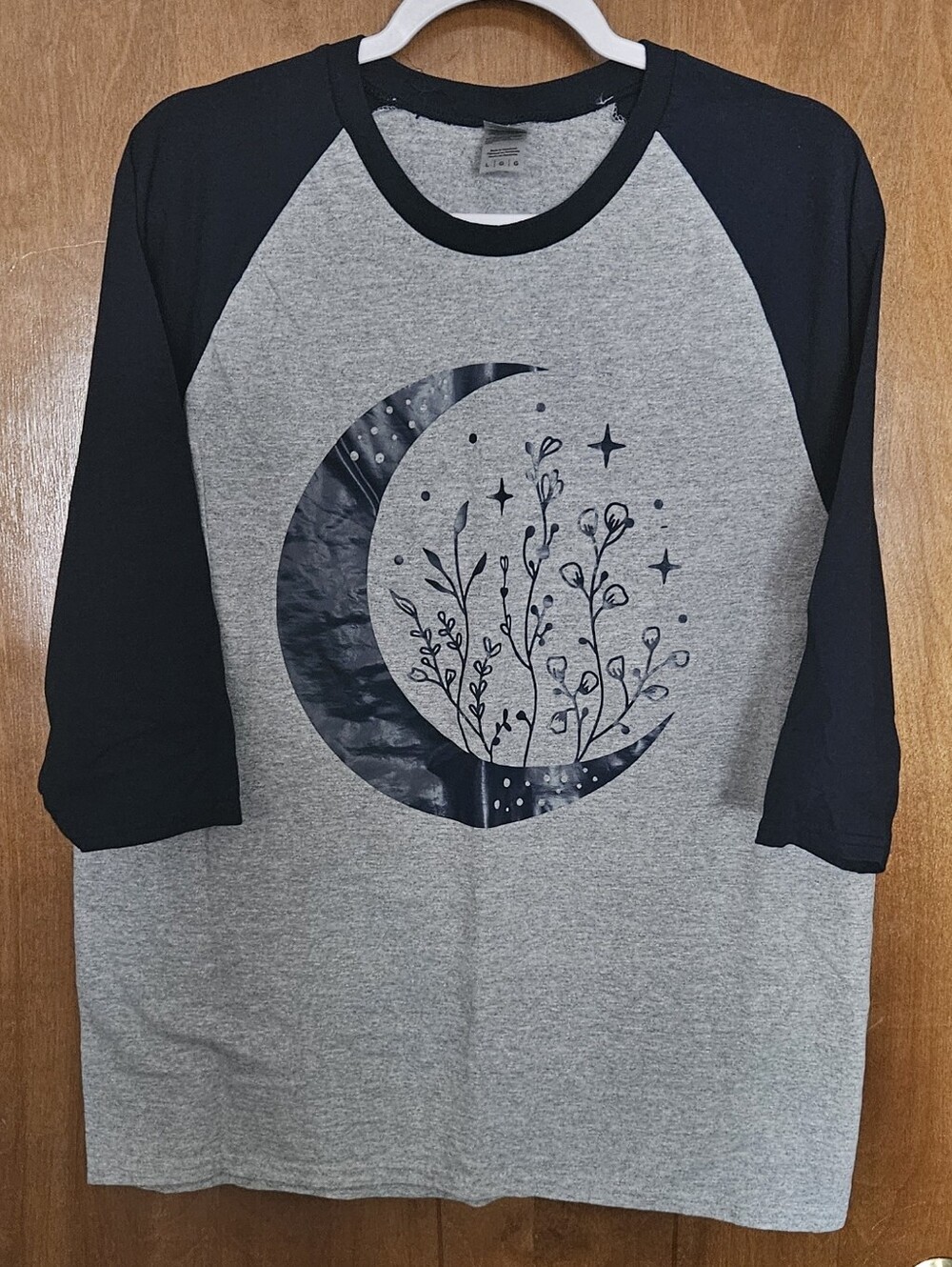 Gildan Grey and Navy Raglan Tee with Moon Floral Graphic